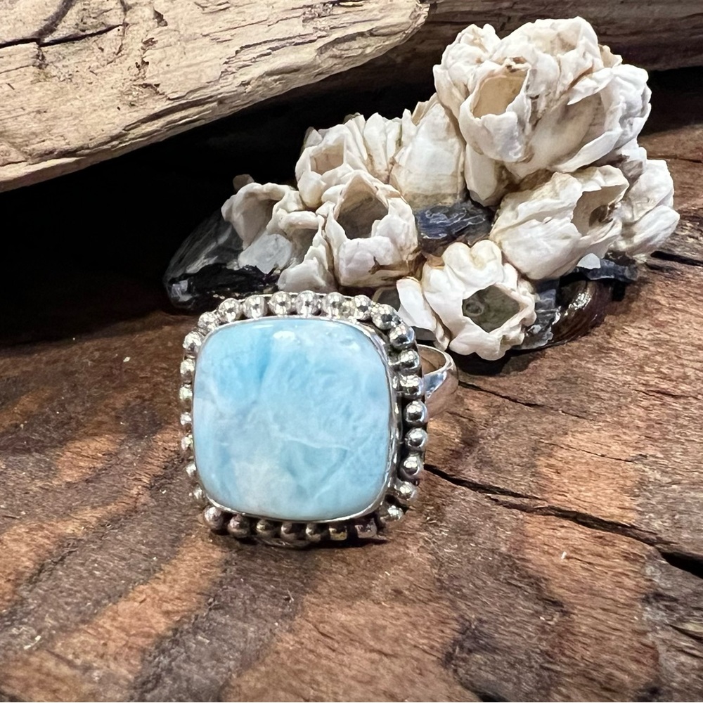 NWT Bali Thailand Larimar Ring Sterling Silver Square Large Dome Blue White